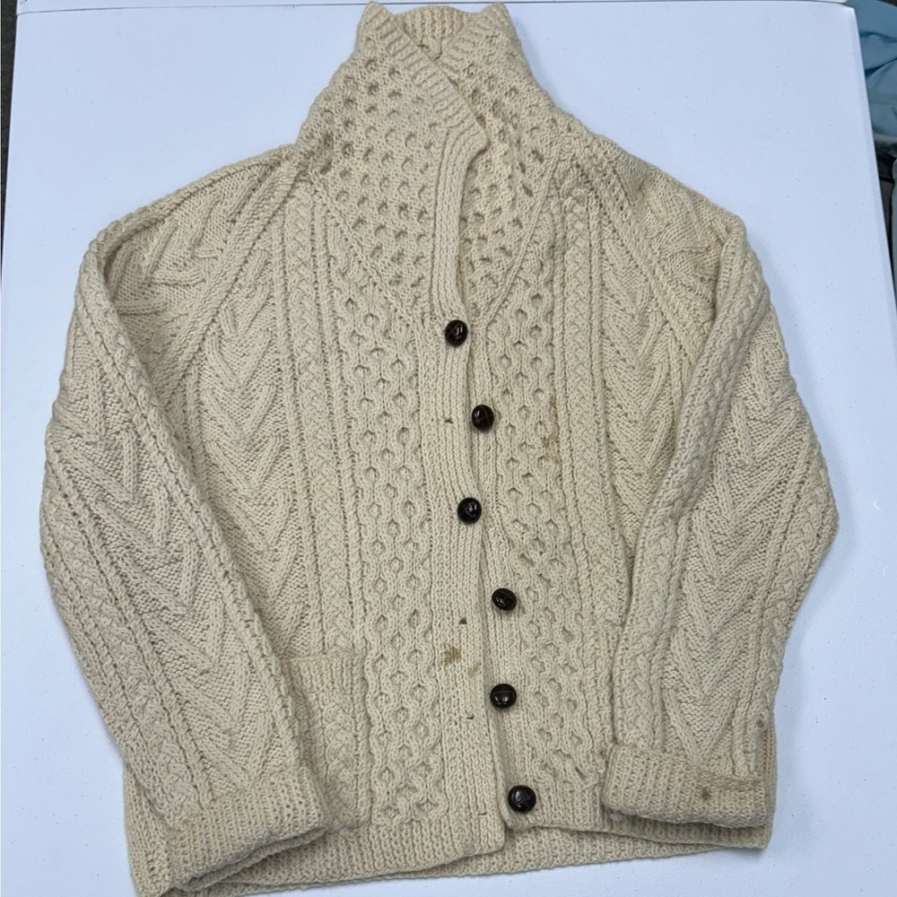 Handmade Cable Knit Cardigan Mens M Cream Fair Aran Fisherman Wool Sweater
